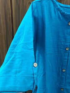Vibrant Teal Linen Blend Button-Down Tunic