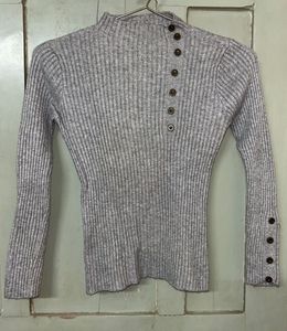 Gray Ribbed Button Detail Strech Sweater (S)