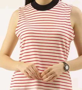 Off White &amp; Red Striped High Neck Tshirt