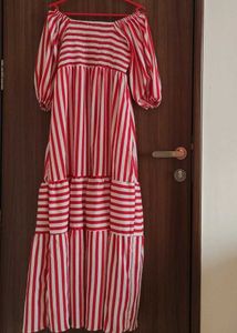 Red &amp; White Striped Puff Sleeve Maxi Dress