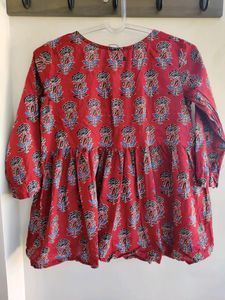 Janasya Maroon Floral flared Top(SIZE S)