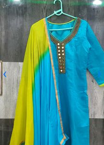 Sky Blue &amp; NEON Green Silk Salwar Suit Set