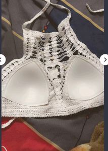 White Corchet Back String Top