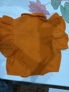 Orange Ruffle Sleeve Button-Down Top