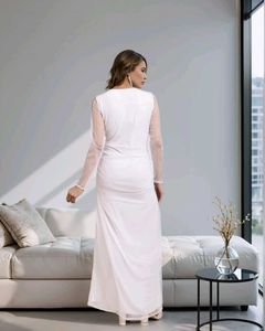 Deep V-Neck Front Ruched Mesh Sleeves A-Line Dress