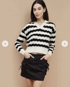 White and Black Striped Knit Crop Sweater