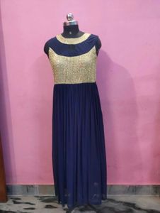 Elegant Navy Blue Gown with Gold Sequins ✨