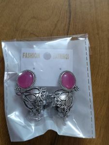 Pink Stone Oxidized Silver Jhumka Earrings