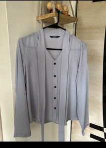 Shein Gray Tie-Neck Blouse