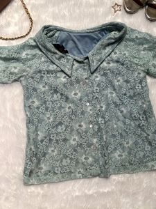 Vintage Blue Lace Peter Pan Collar Top✨