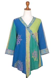 Green and Blue Hand Batik Textured Tunic