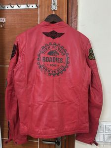 Red Perforated Leather Biker Jacket
