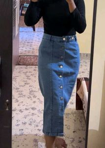 Denim Slit Midi Skirt With Silver Buttons