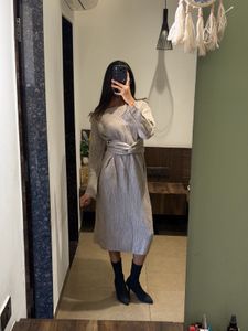free size Ribbed Knit tie up Midi Dress