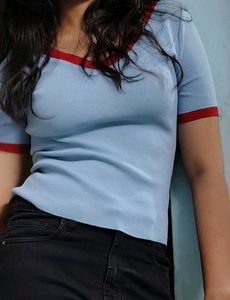 Cute Blue Ringer Tee V Shaped Neck
