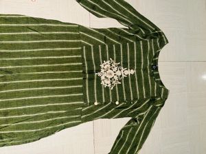 Green Striped Embroidered Kurti