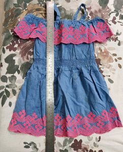 Cute Denim Dress with Pink Embroidery