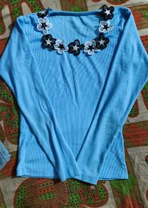 Light Blue High-Waisted Jeans And Bule Top