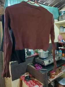 Brown Ribbed Long Sleeve Top