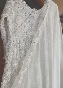 🦢 ✨Mirror Work White Anarkali Kurta With Dupatta