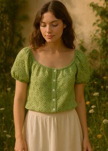 Green Floral Eyelet Top