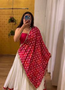 White And Red Real Mirror Work Lehenga