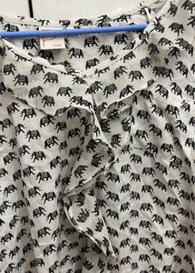 White Ruffle Elephant Print Casual Top