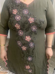 Brown Kurti With Cutdana Work.. Cutwork In Pink