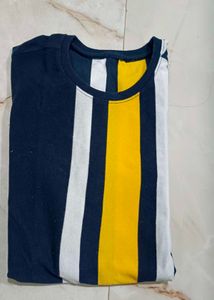 Stylish Navy Blue &amp; Yellow Striped Casual T-Shirt