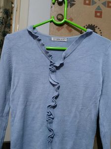 Light Blue Ruffle Trim Cardigan