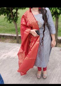 Grey Kurti with Red Banarasi Dupatta
