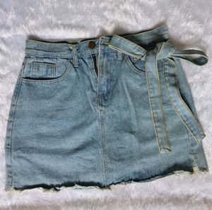 Denim Mini Skirt with Tie