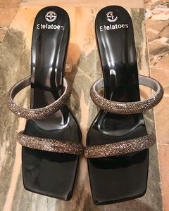 Black Rhinestone Slip-on Heels