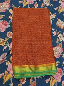Orange Silk Green Asthetic Pallu Printed Saree
