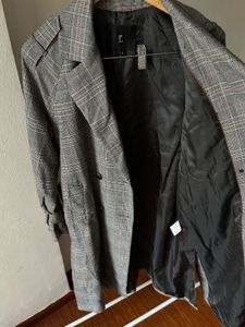 Plaid Grey Check Double Breasted Trench Coat