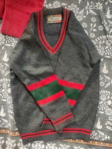 Grey Woolen Sweater with Red &amp; Green Strip