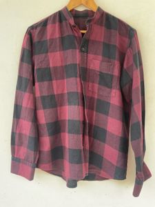 Maroon Buffalo Check Mandarin Collar Shirt