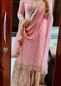 Women Pink Festive Zardozi Mirror Work Skirt Suit
