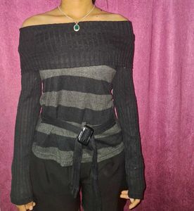 Grunge Y2k Gothic Striped Off-Shoulder Knit Top