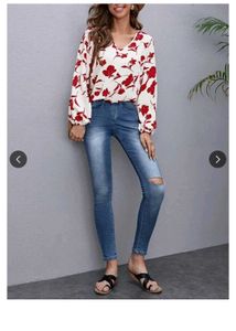 Stylish Floral Printed V-Neck Womens Top