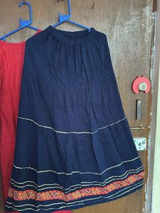 Red &amp; Blue Embroidered Kurti with Skirt