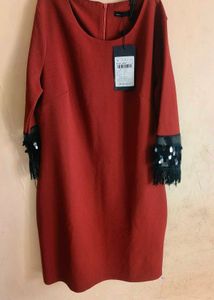 Chic Rust Dress with Fringe Sleeves