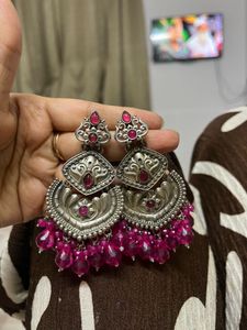Oxidized Silver & Pink Beaded Earrings