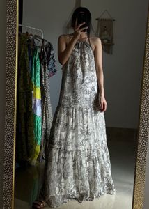 Printed Beige Golden Chiffon Round Neck MAXI