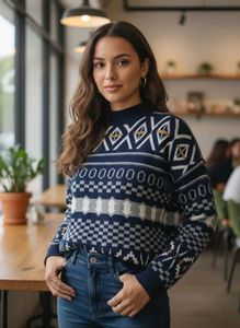 Stylish Patterned Knit Sweater_Navy Blue