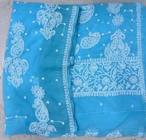 Ice Blue Lukhnowi work saree