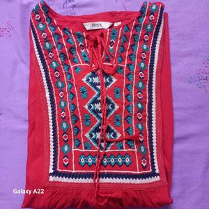 Red Embroidered Tunic Top