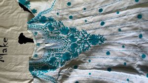 White &amp; Blue Embroidered Kurti Dress