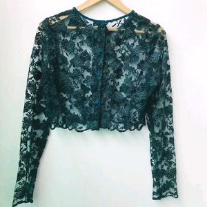 Korean Crop Sheer Floral Green Top