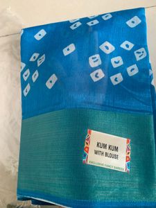 Blue Cotton Blend Saree with Blouse
